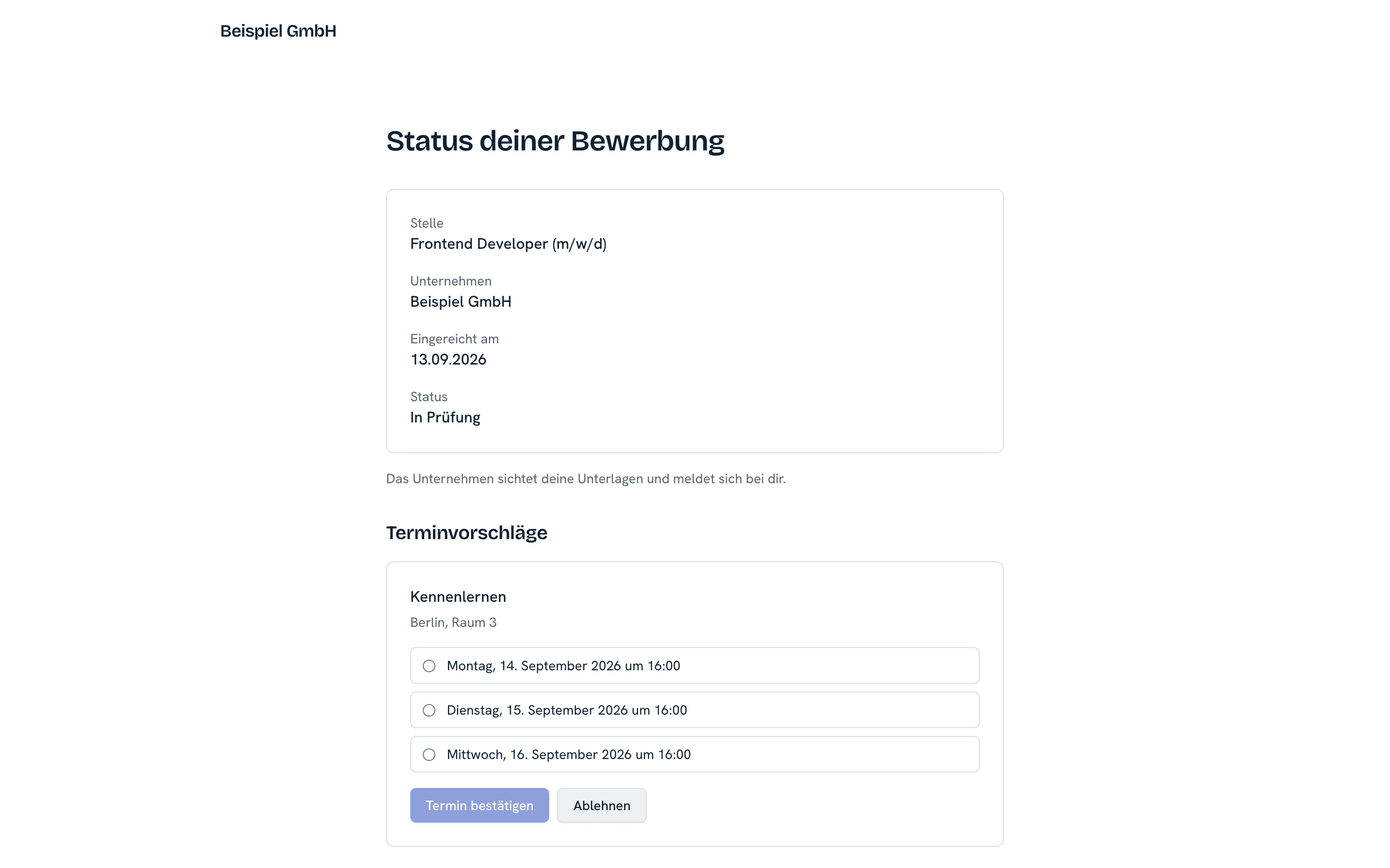 Status-Seite einer Bewerbung