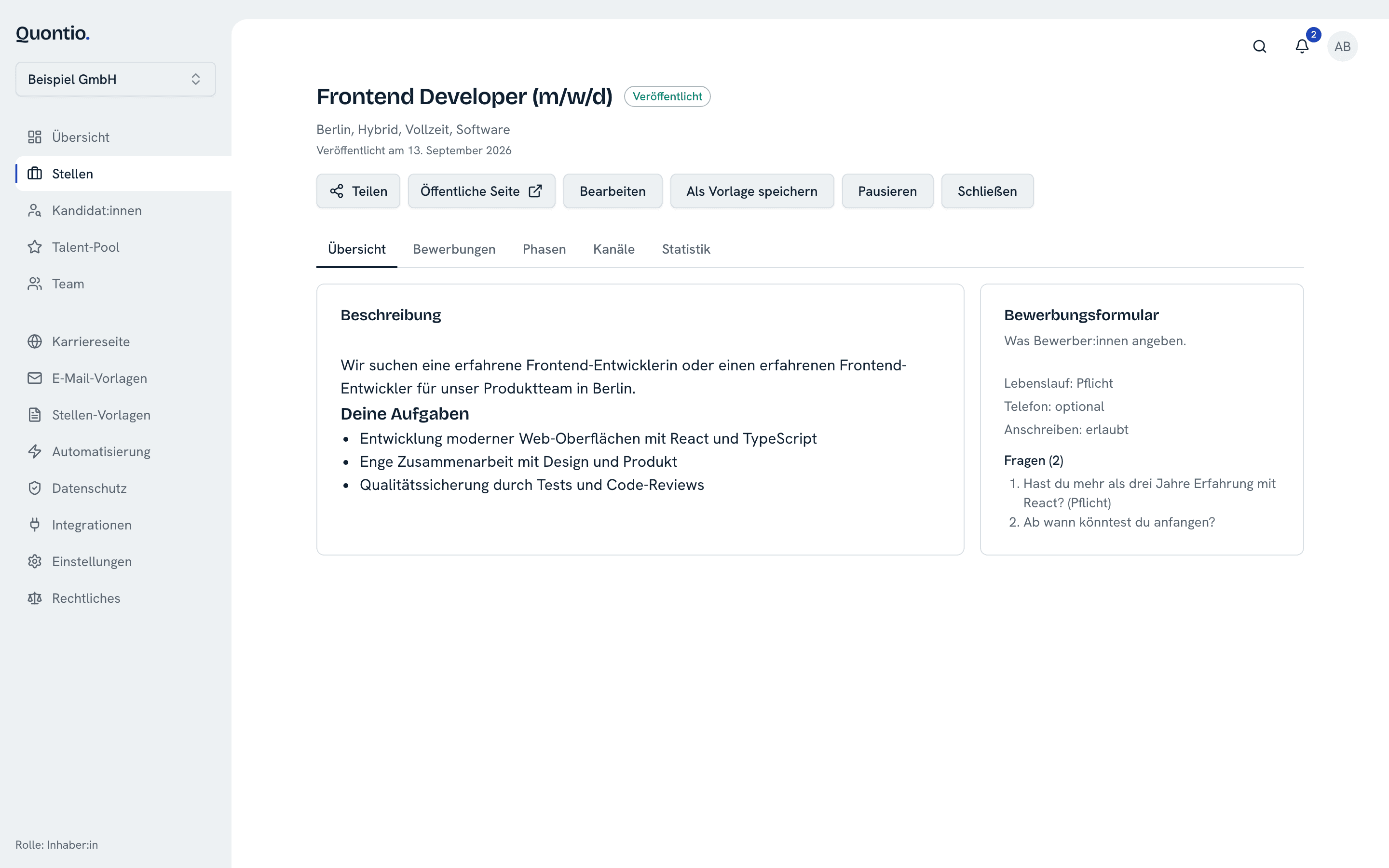 Stellen-Detail mit Status und Aktionen