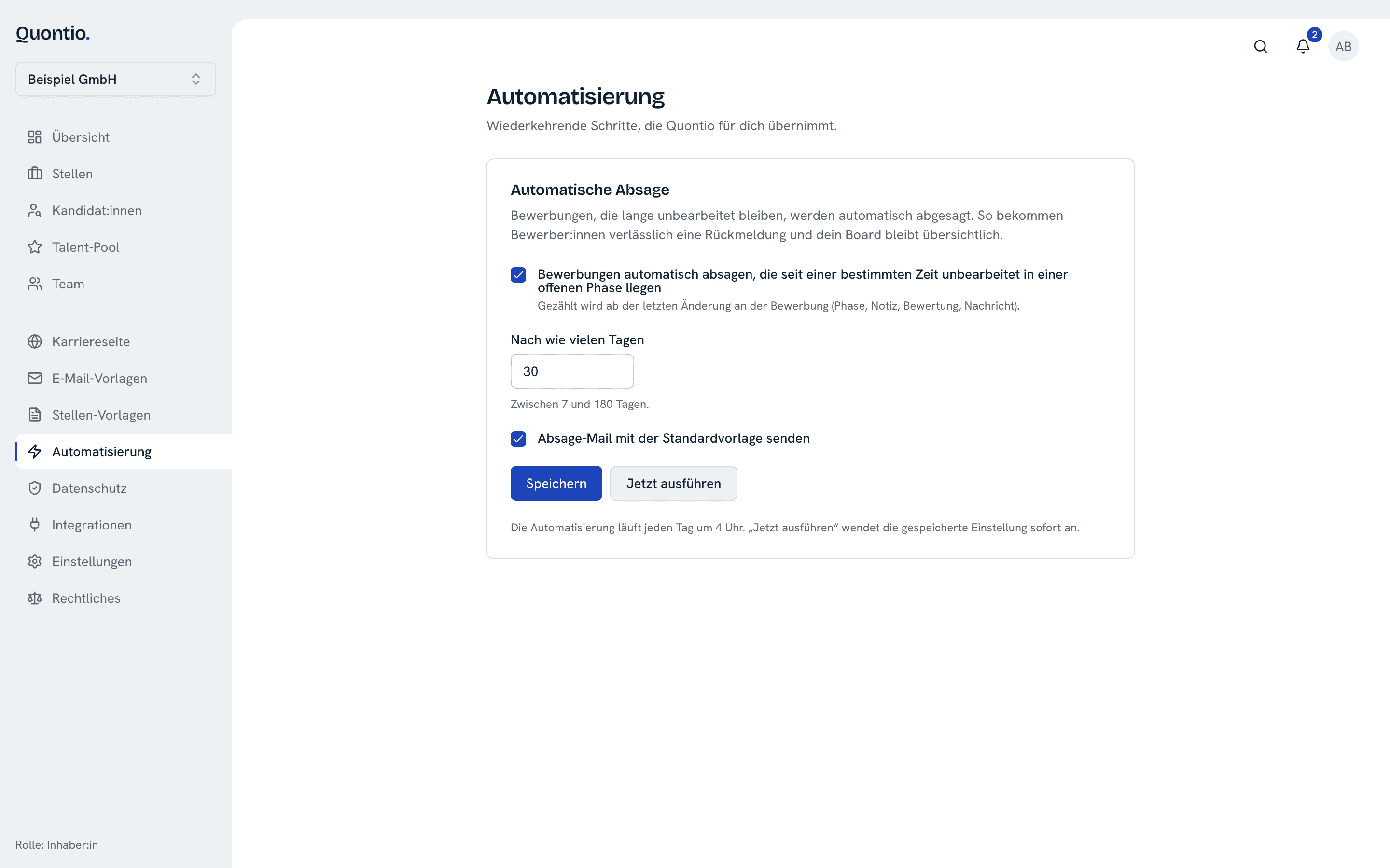 Einstellungen der Automatisierung