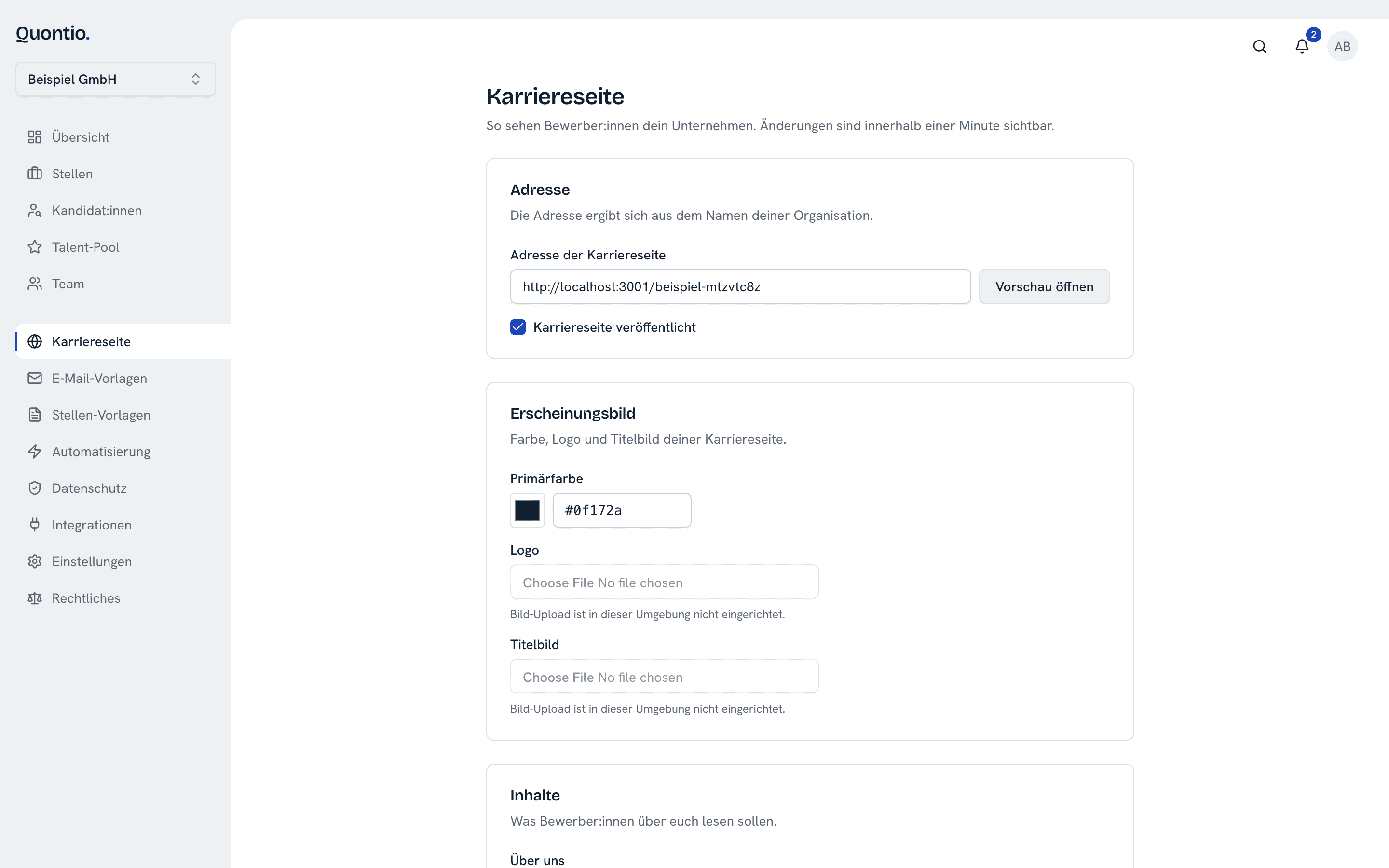 Einstellungen der Karriereseite