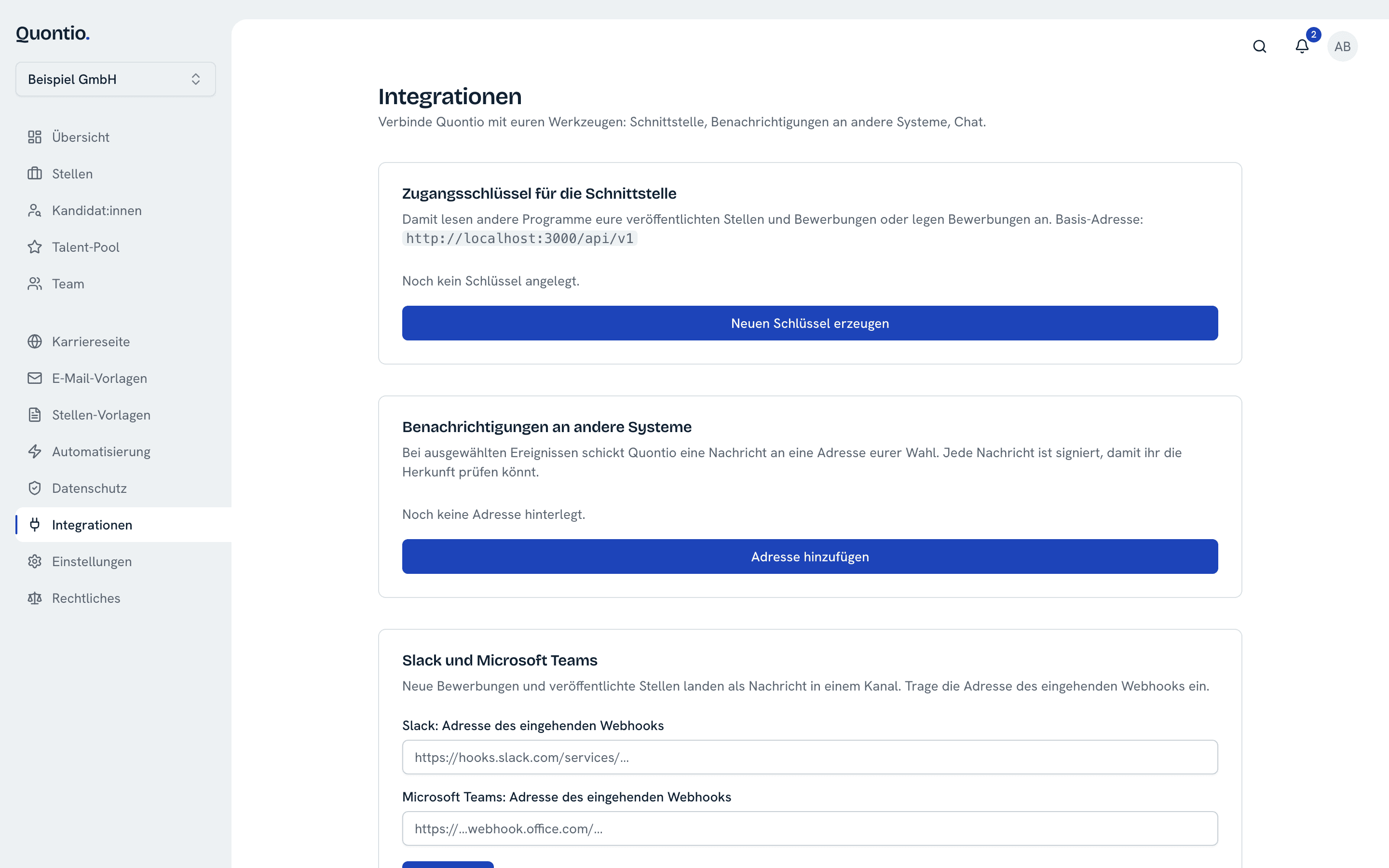 Integrationen mit API-Schlüsseln und Webhooks