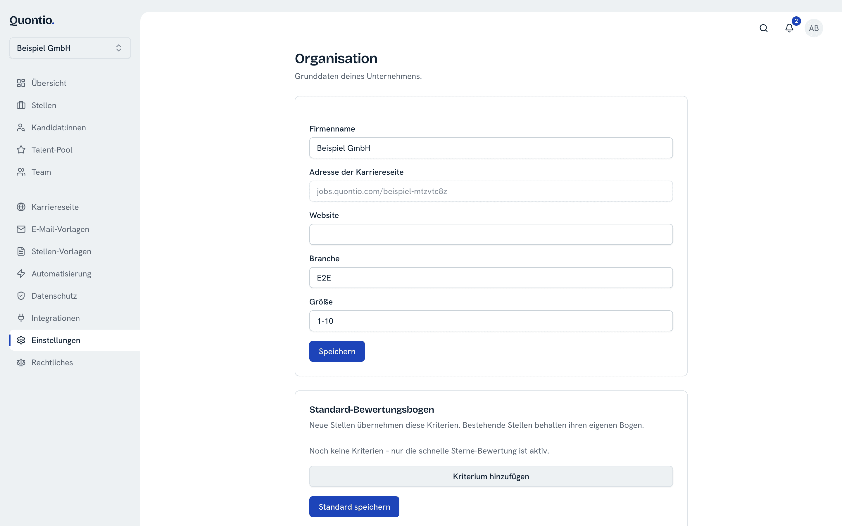 Einstellungen der Organisation