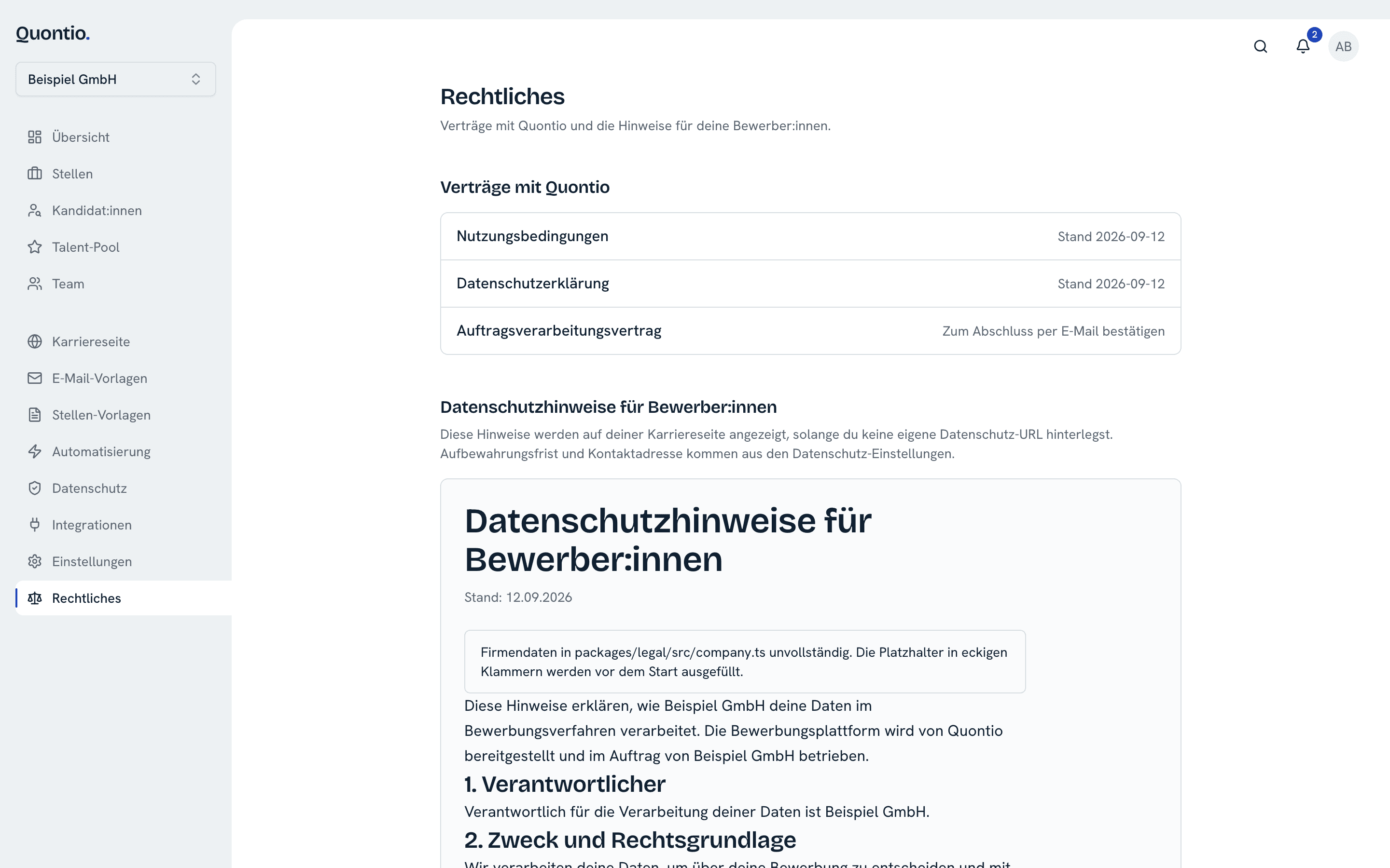 Seite Rechtliches mit den Dokumenten